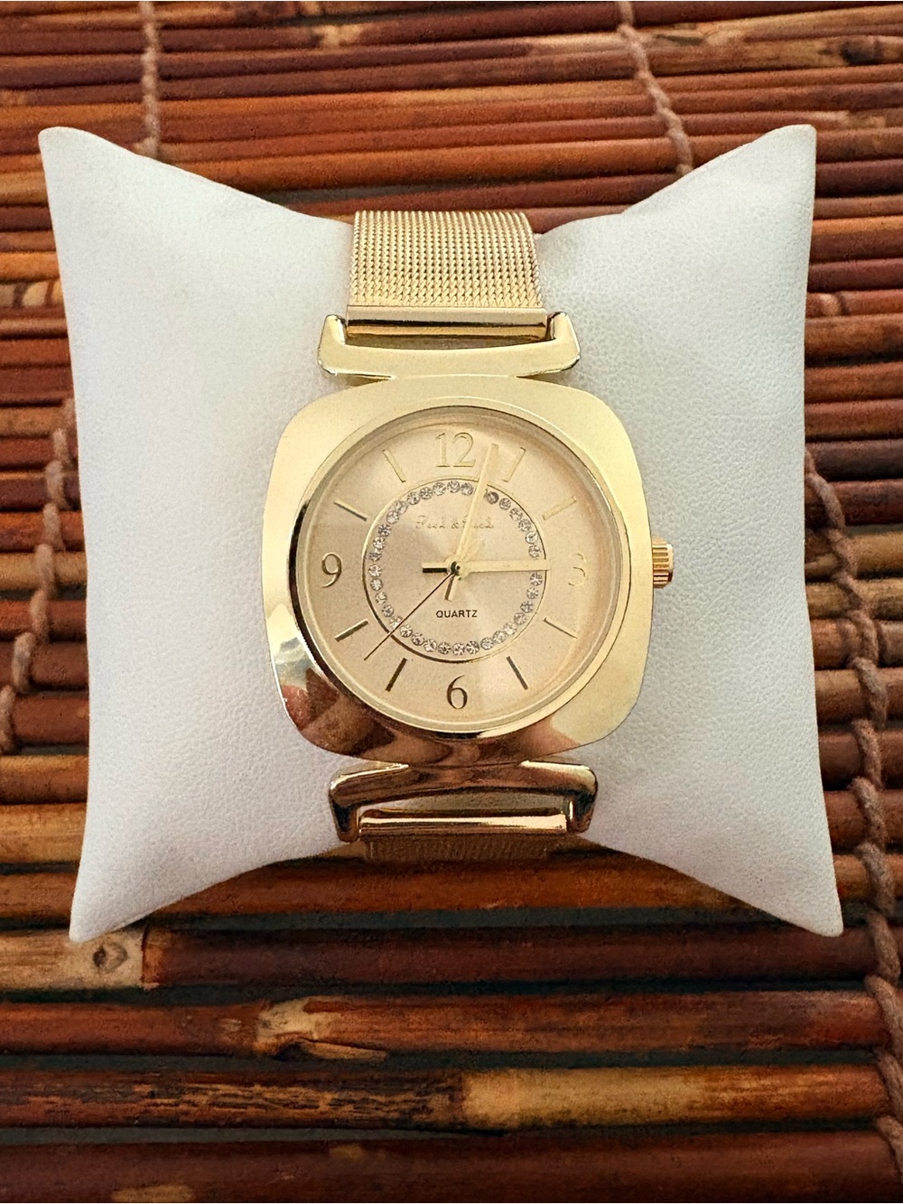 Peck & Peck Champagne Gold Cushion Shaped Dial Mesh Bracelet Watch